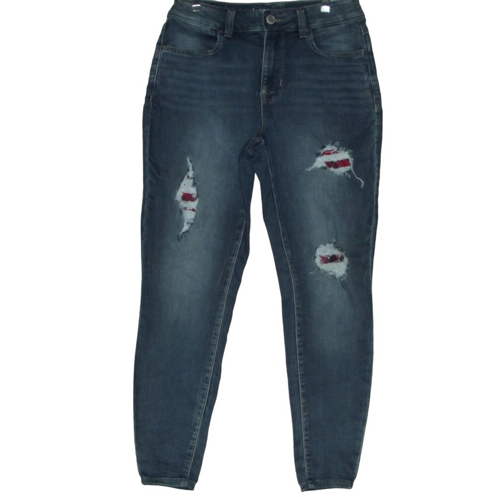 M Jeans by Maurices (Small Short)High Rise skinny red plaid lined holes distress
